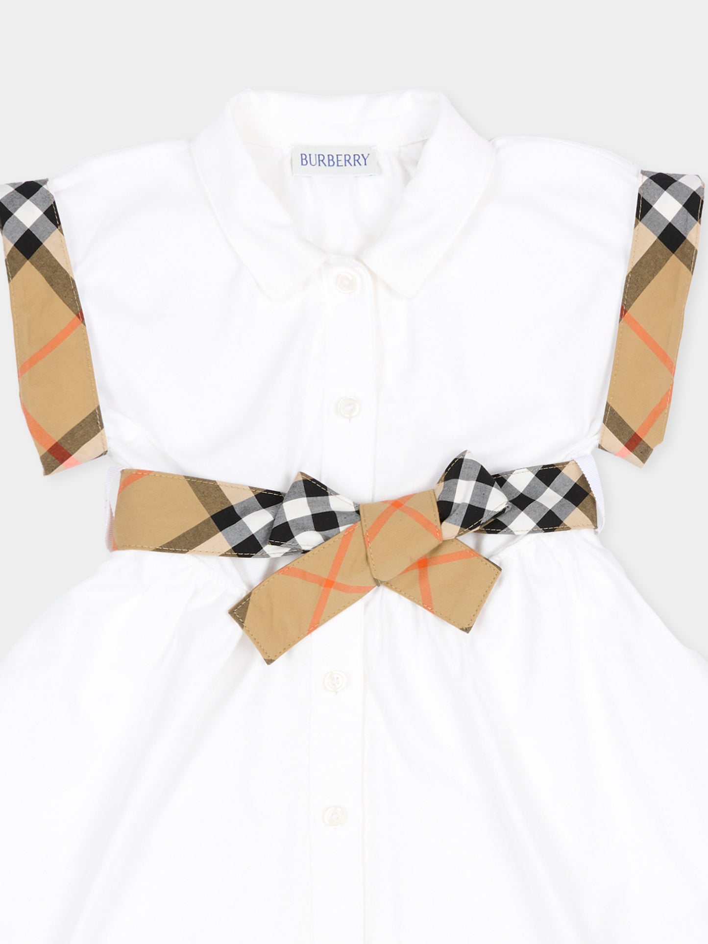 Vestito bianco per neonata con fiocco e check vintage,Burberry Kids,8121228 A1464