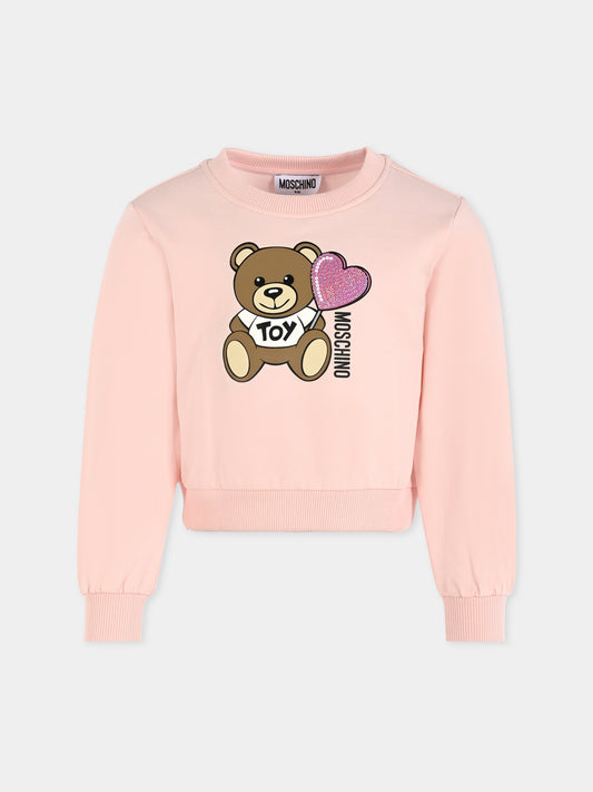 Felpa rosa per bambina con Teddy Bear e cuore,Moschino Kids,HDF066 LDA00 50209