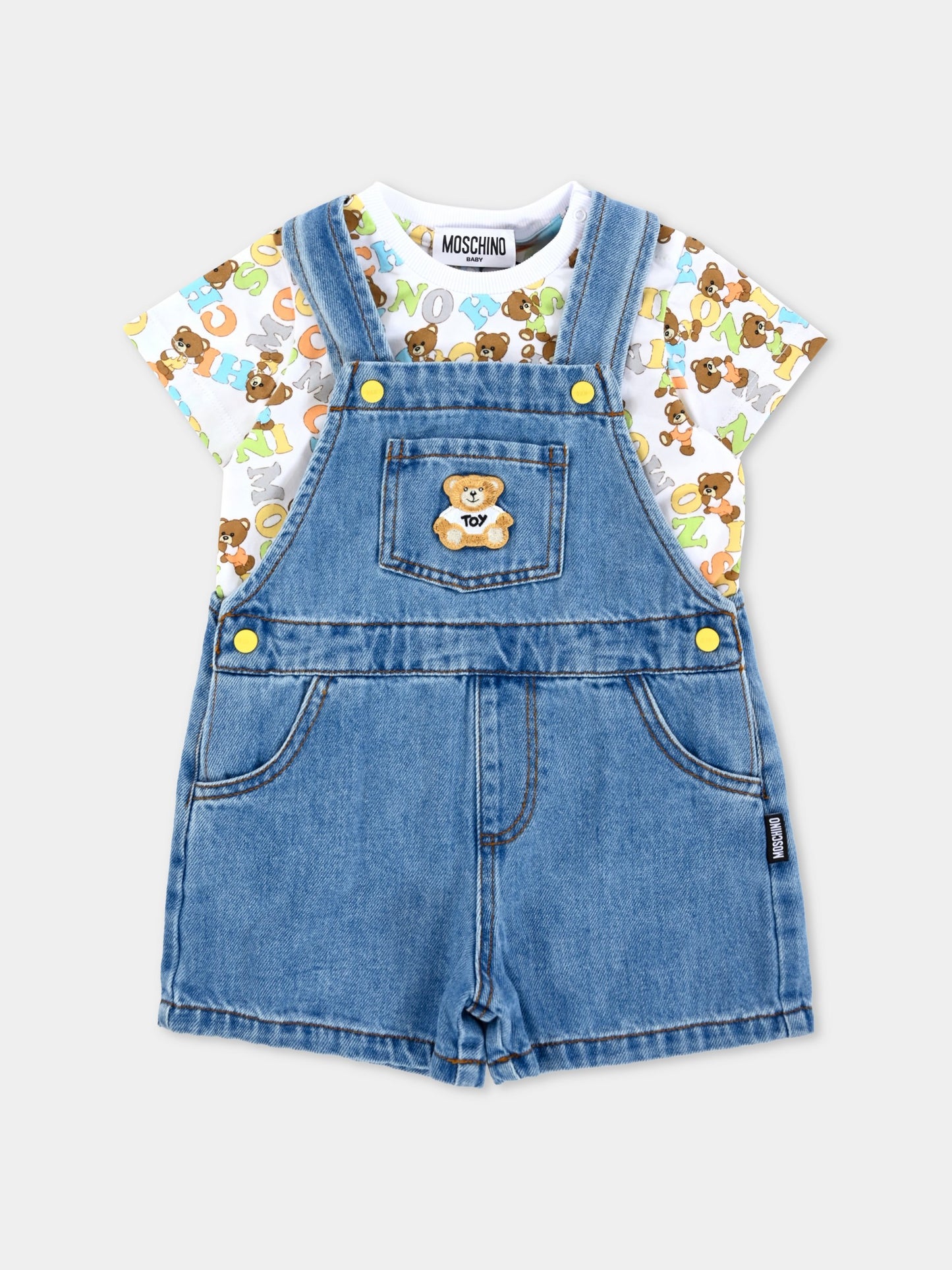Salopette denim per neonato con Teddy Bear all over,Moschino Kids,MUG01B L0E34 41041