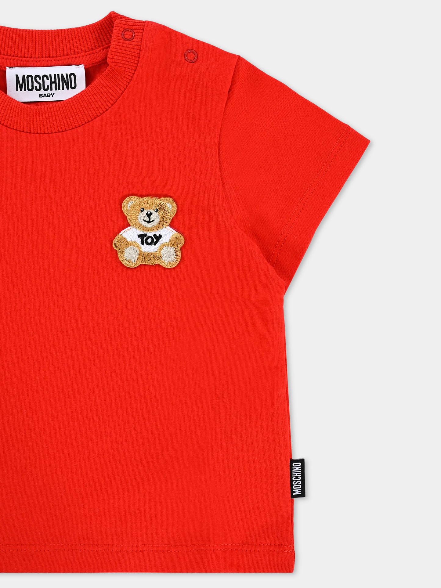 T-shirt rossa per neonati con patch Teddy Bear,Moschino Kids,MUM045 LAA24 50109