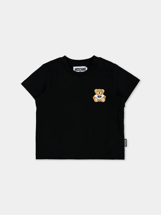 T-shirt nera per neonati con patch Teddy Bear,Moschino Kids,MUM045 LAA24 60100