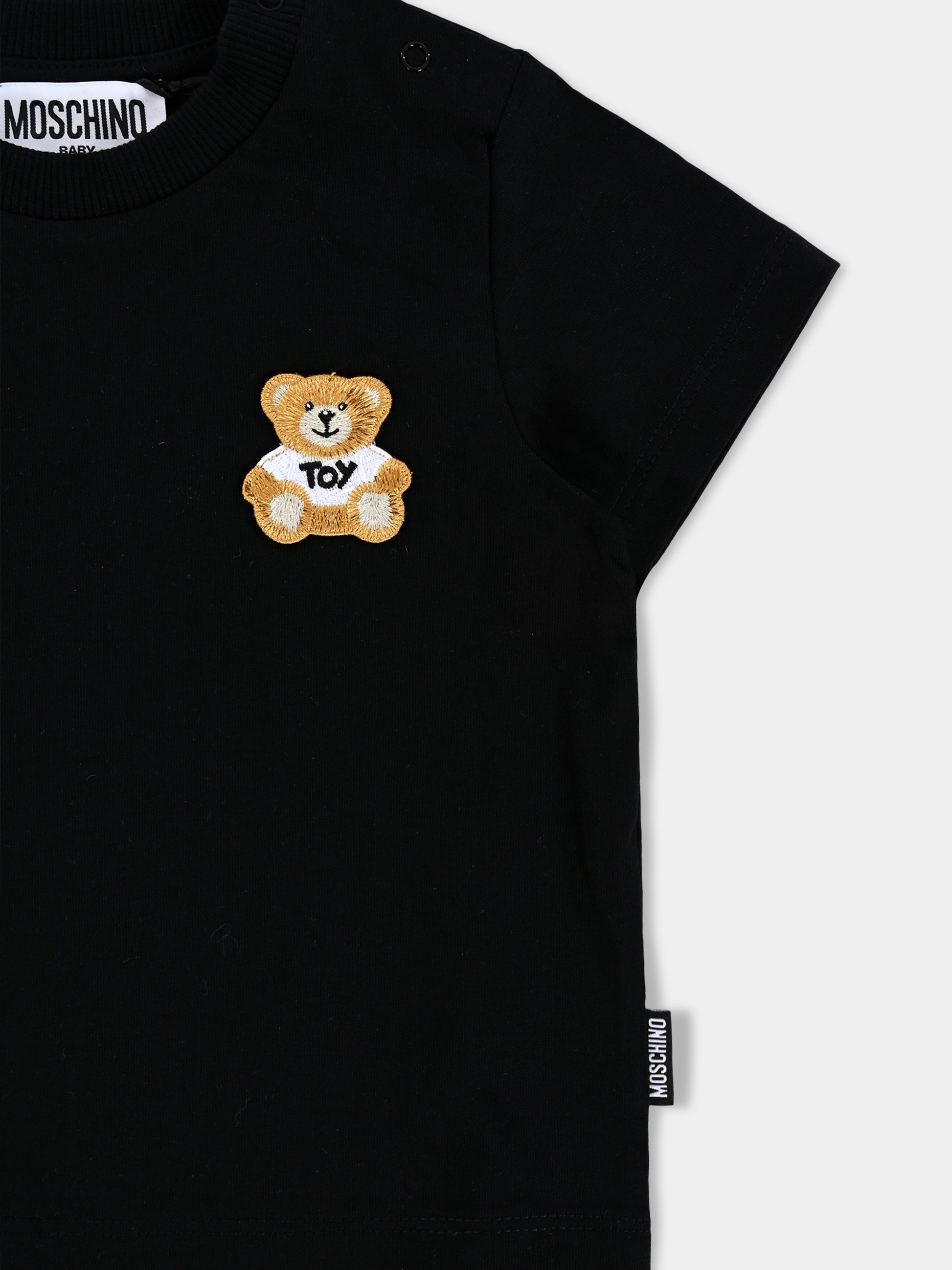 T-shirt nera per neonati con patch Teddy Bear,Moschino Kids,MUM045 LAA24 60100
