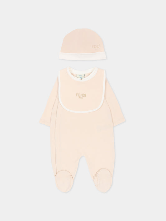 Set tutina beige per neonati con logo ricamato,Fendi Kids,BUK154 ST8 F19J5