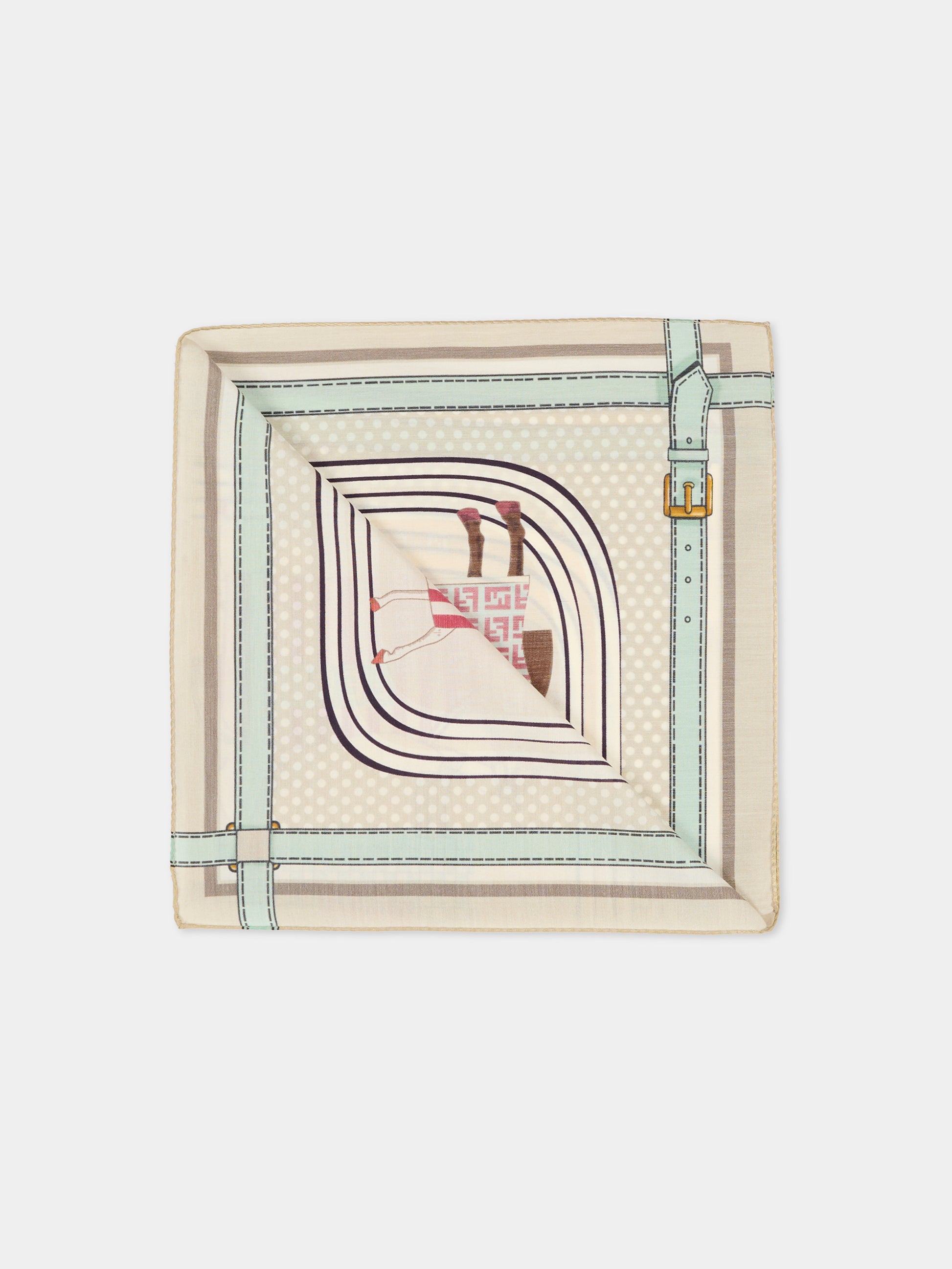 Foulard beige per bambina con stampa equestre,Fendi Kids,JFQ044 AWF8 F1VHJ