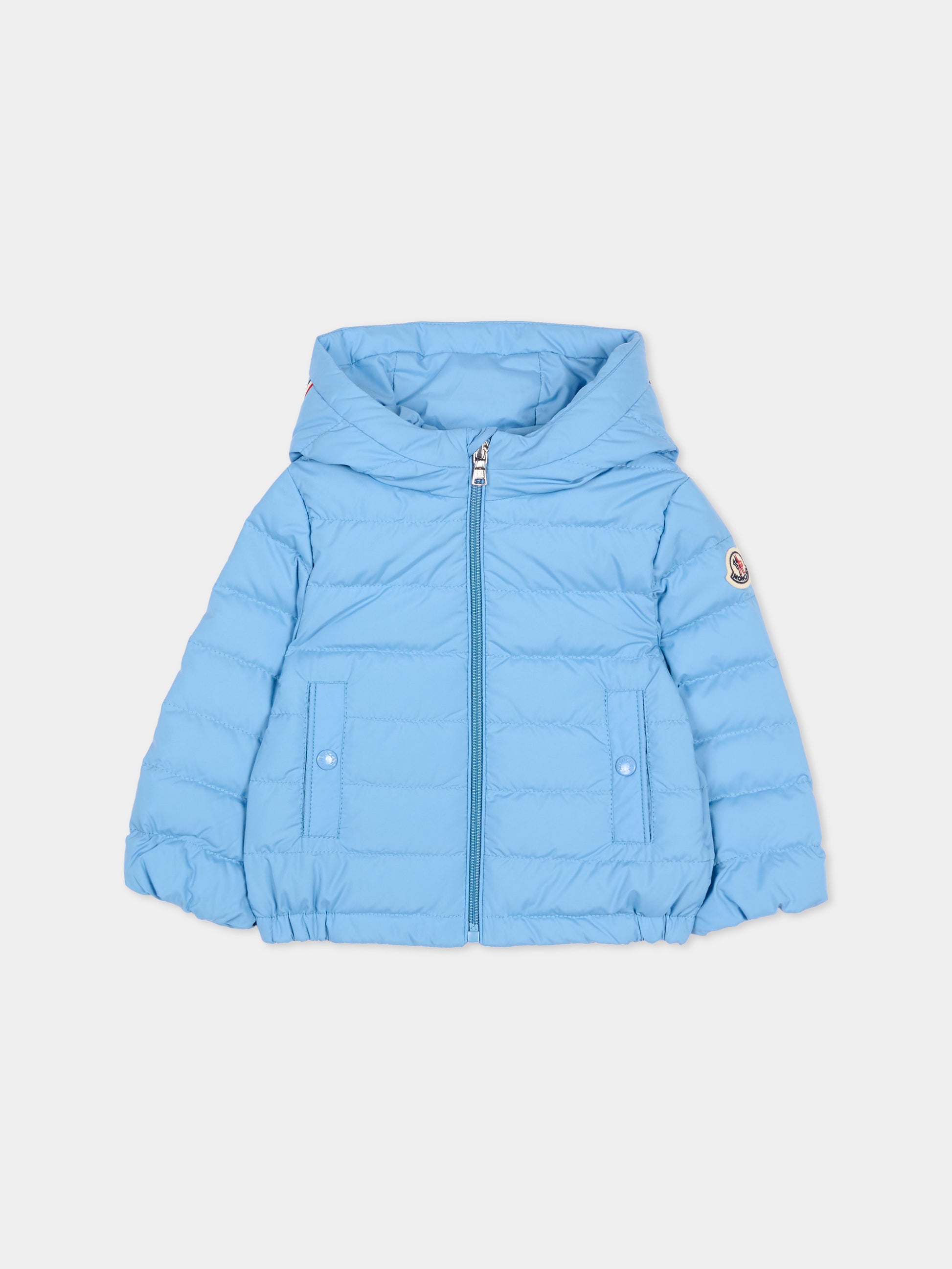 Piumino azzurro per neonato con logo,Moncler Kids,L1951 1A00024 597YW 70Q