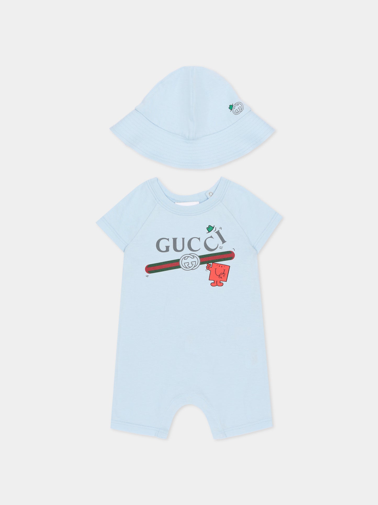 Set pagliaccetti azzurro per neonato con logo e Mr Strong,Gucci Kids,855839 XJHPW 4454