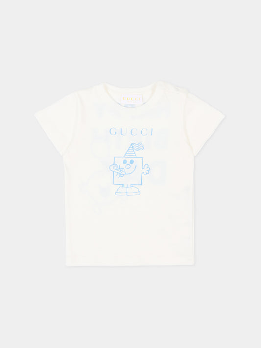 T-shirt bianca per neonati con stampa party,Gucci Kids,834576 XJHPI 9214