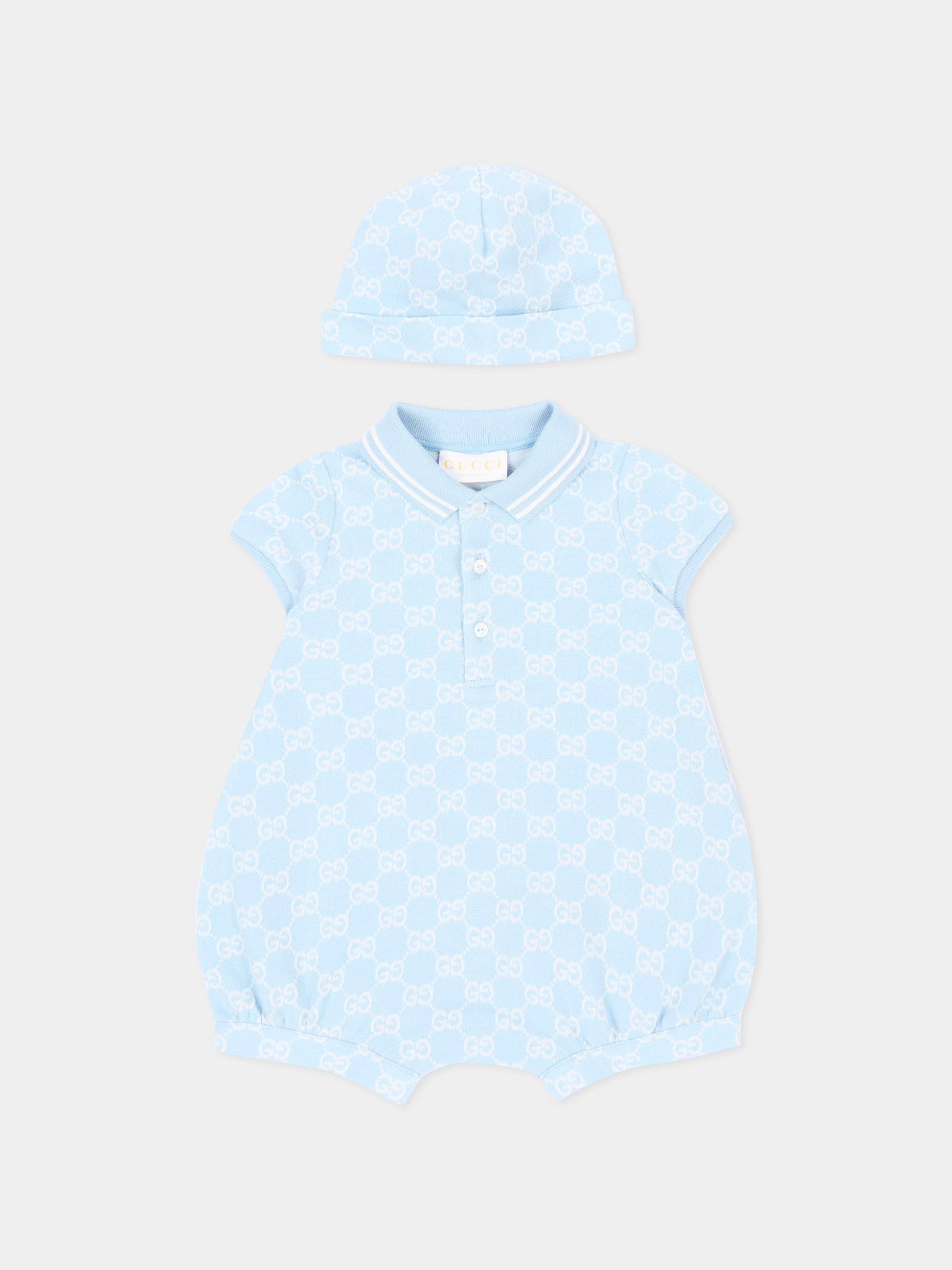 Pagliaccetto celeste per neonato con monogram,Gucci Kids,849683 XJHBA 4914