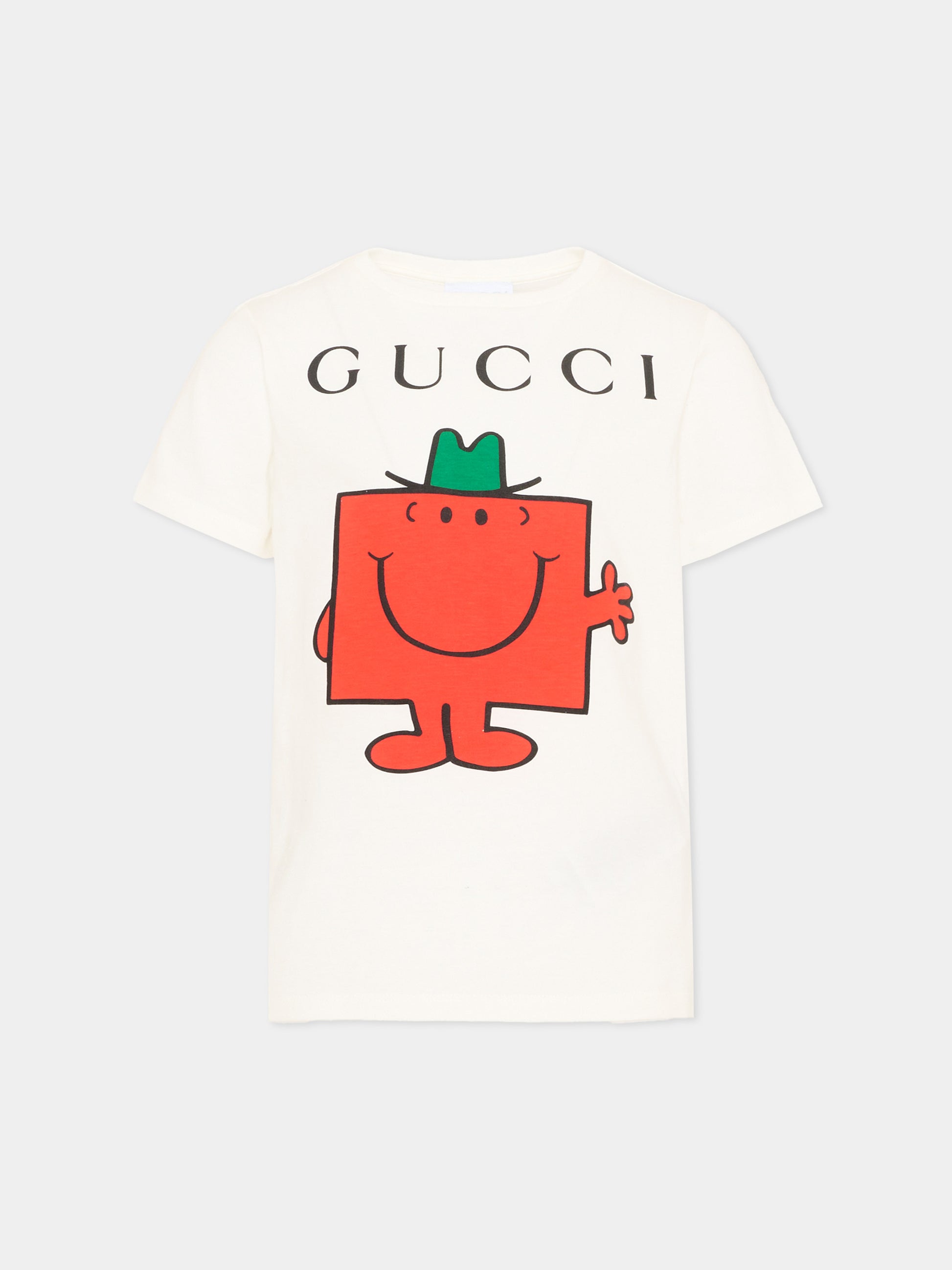 T-shirt bianca per bambini con Mr. Strong,Gucci Kids,547559 XJHPU 9214
