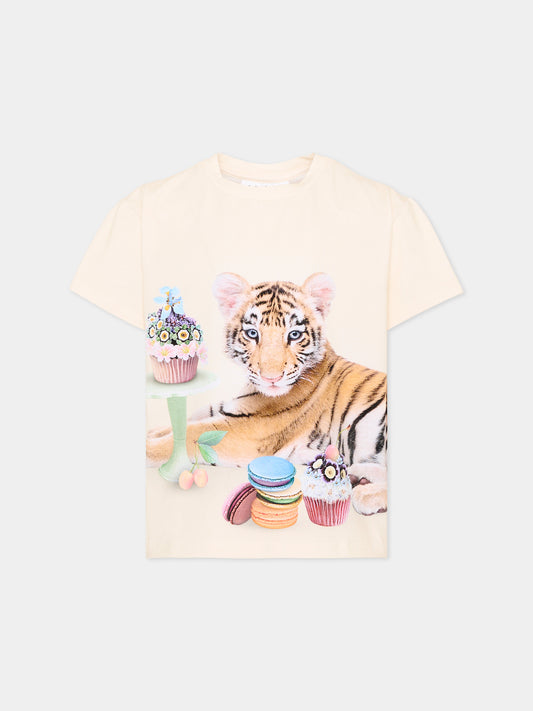 T-Shirt beige Rie per bambina con tigre,Molo,2S26A216 5236