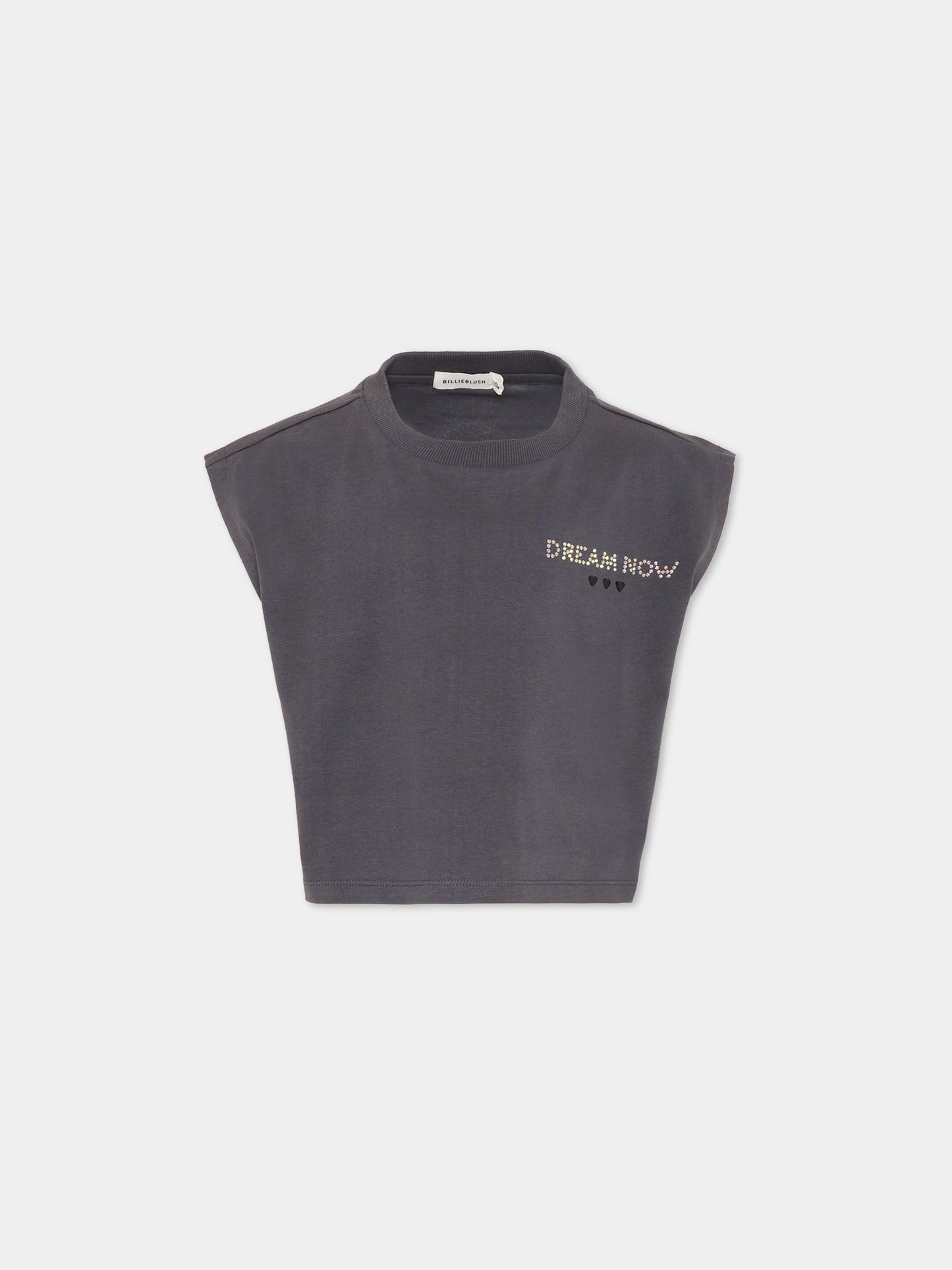 T-shirt grigia per bambina con scritta di strass,Billieblush,U21743 089