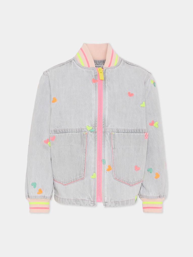 Giubbotto di jeans grigio per bambina con cuori,Billieblush,U21909 Z20