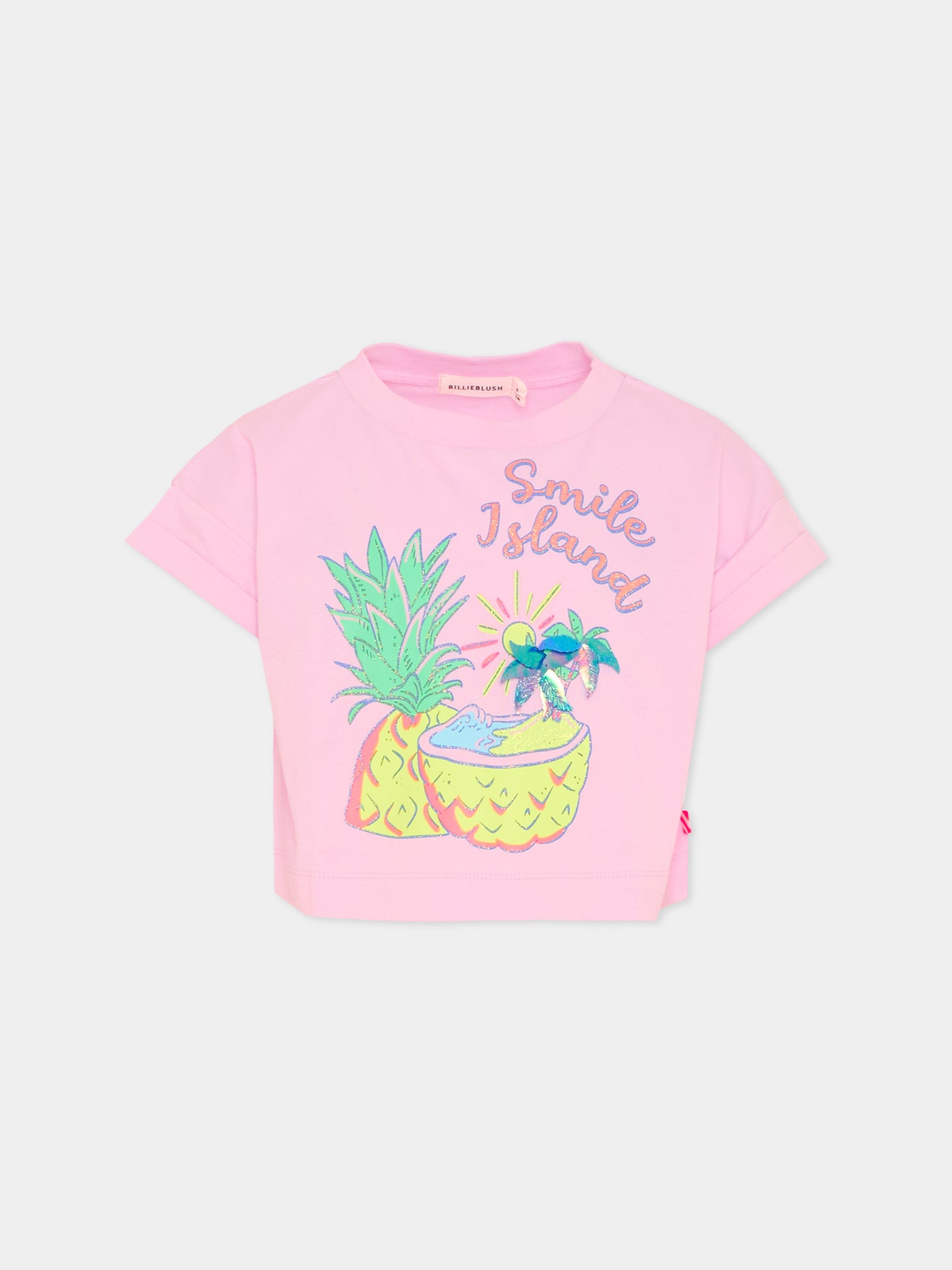 T-shirt crop rosa per bambina con ananas,Billieblush,U21954 46N