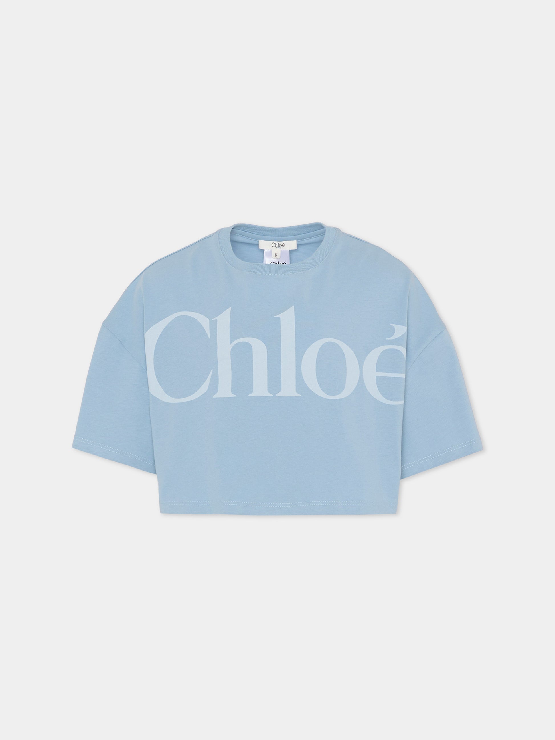T-shirt crop celeste per bambina con logo,Chloé Kids,C20859 821