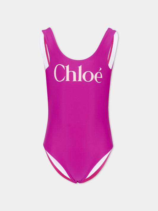 Costume intero fucsia per bambina con logo,Chloé Kids,C20866 46S