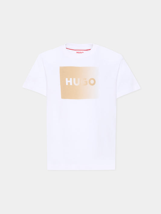 T-shirt bianca per bambino con logo beige,Hugo,G01019 10P