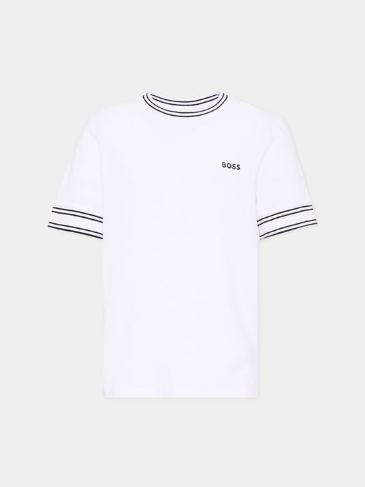 T-Shirt bianca per bambino con logo ricamato,Boss,J52981 10P