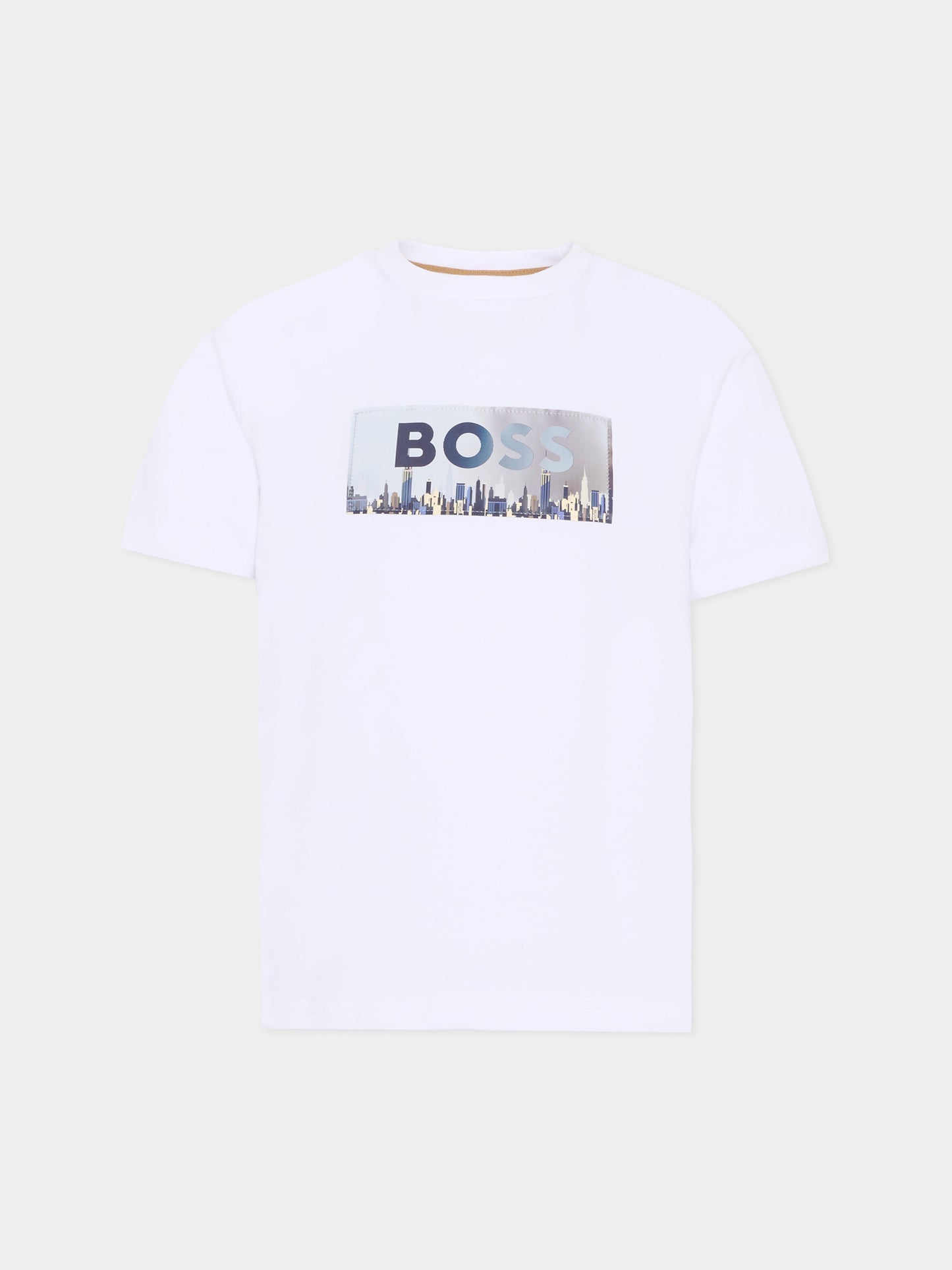 T-shirt bianca per bambino con logo e grattacieli,Boss,J52989 10P