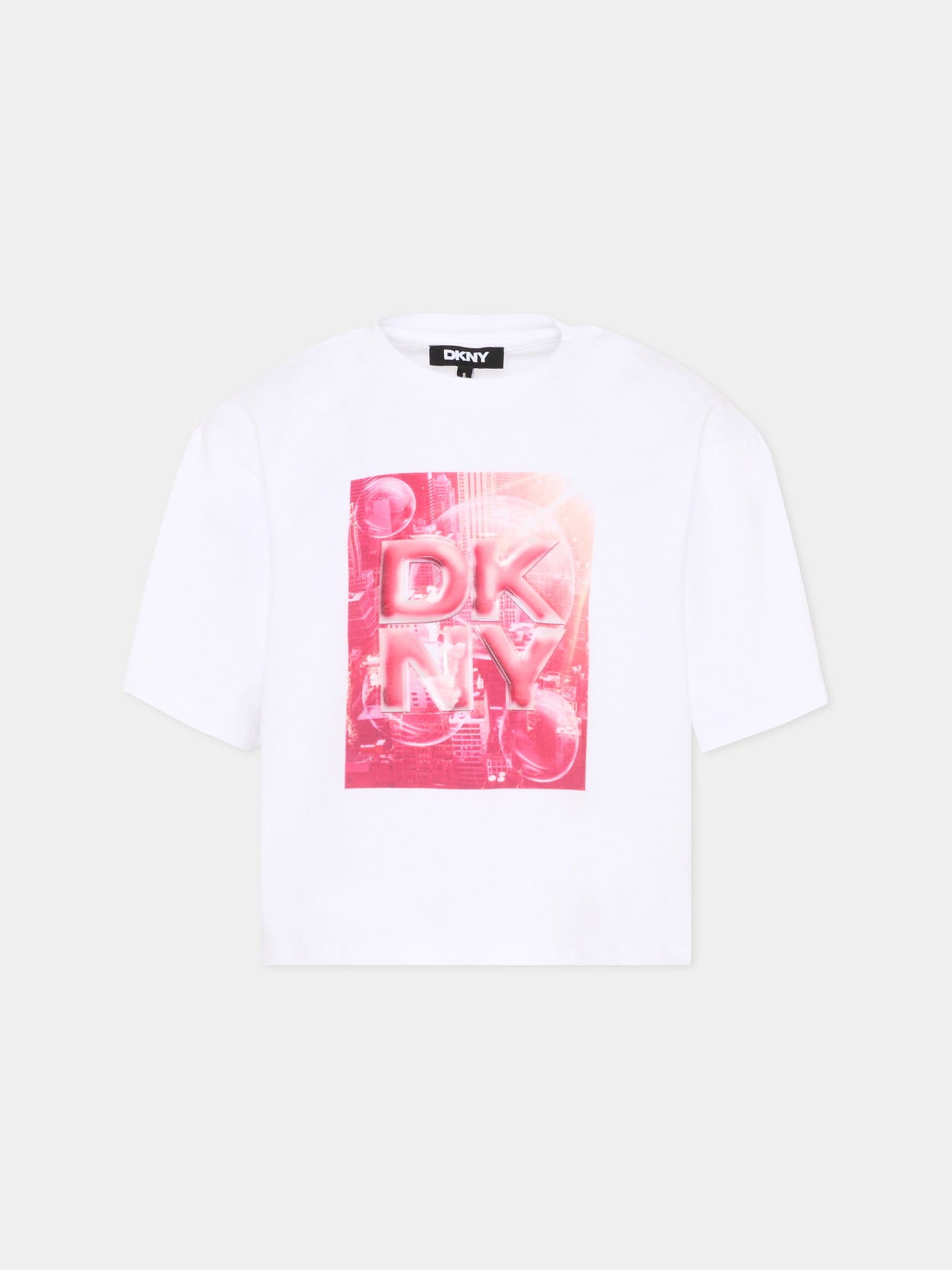 T-Shirt bianca per bambina con logo,Dkny,D62621 N54