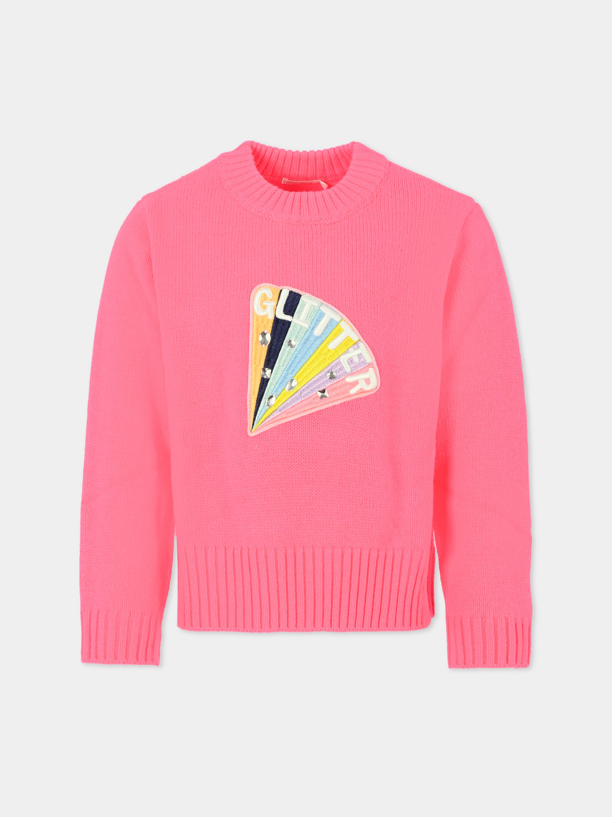 Maglione rosa fluo per bambina con ricamo e pietre,Billieblush,U20462 47A