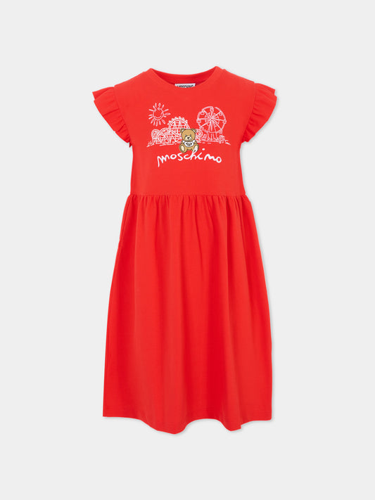 Vestito rosso per bambina con Teddy Bear,Moschino Kids,HDV0G6 LFA06 50109