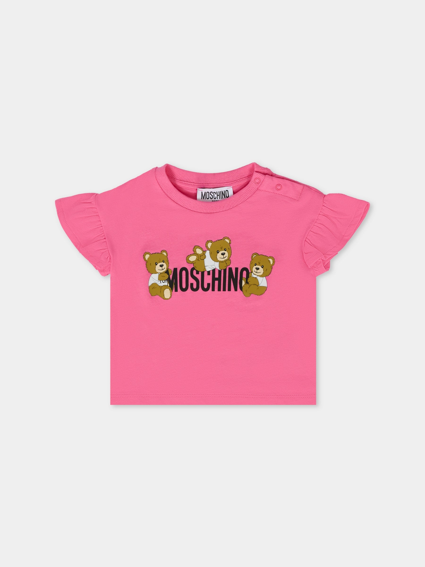 T-shirt fucsia per neonata con tre Teddy Bears,Moschino Kids,MDM03I LAA03 50533