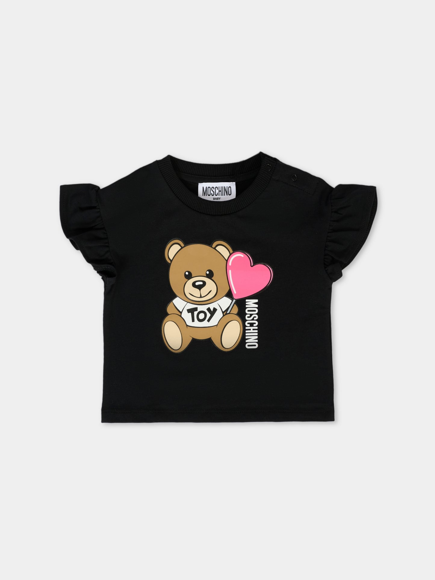 T-shirt nera per neonata con Teddy Bear e cuore,Moschino Kids,MDM03J LBA00 60100