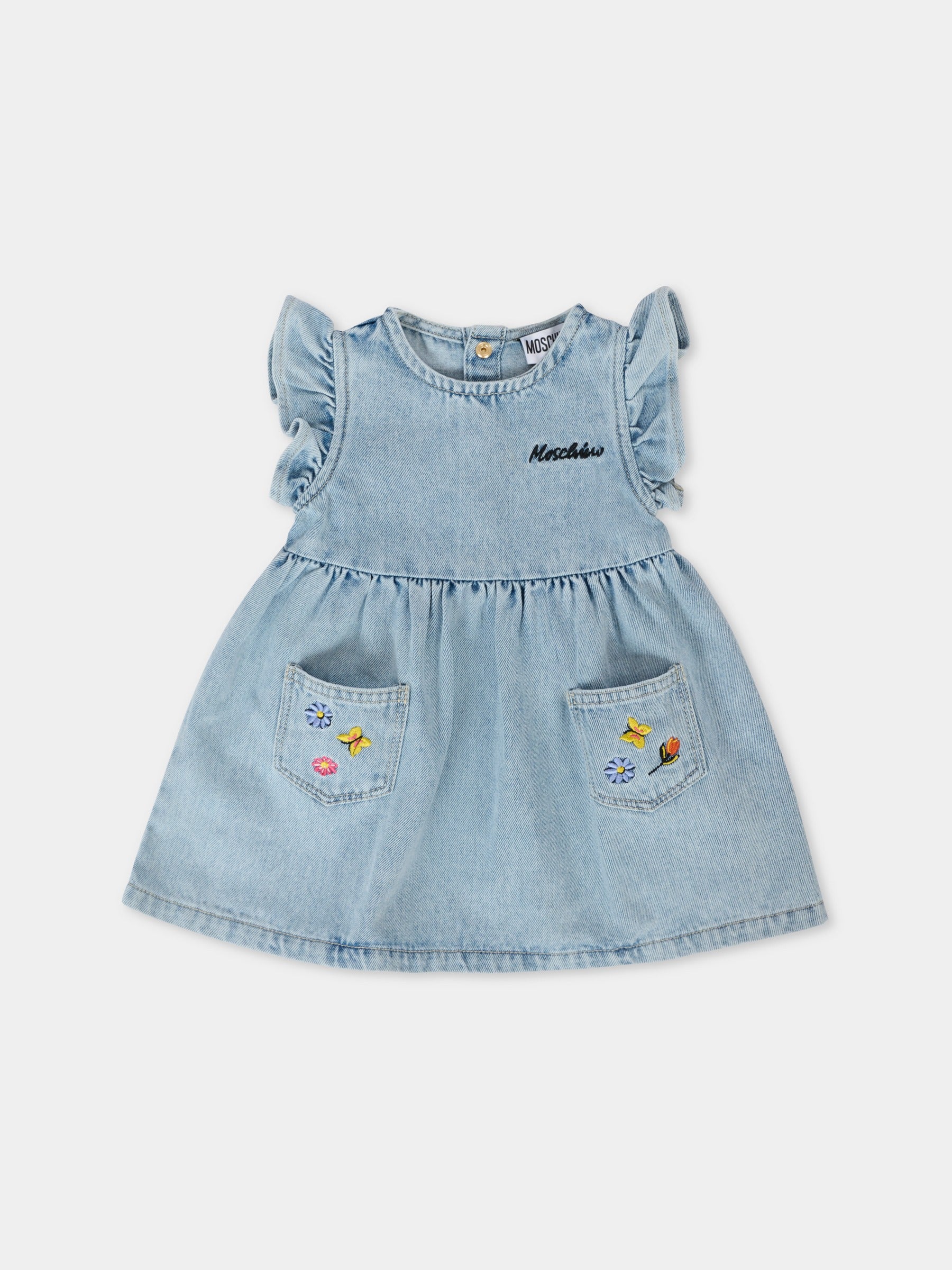 Vestito denim per neonata con fiori ricamati,Moschino Kids,MDV0BV L0E34 40213
