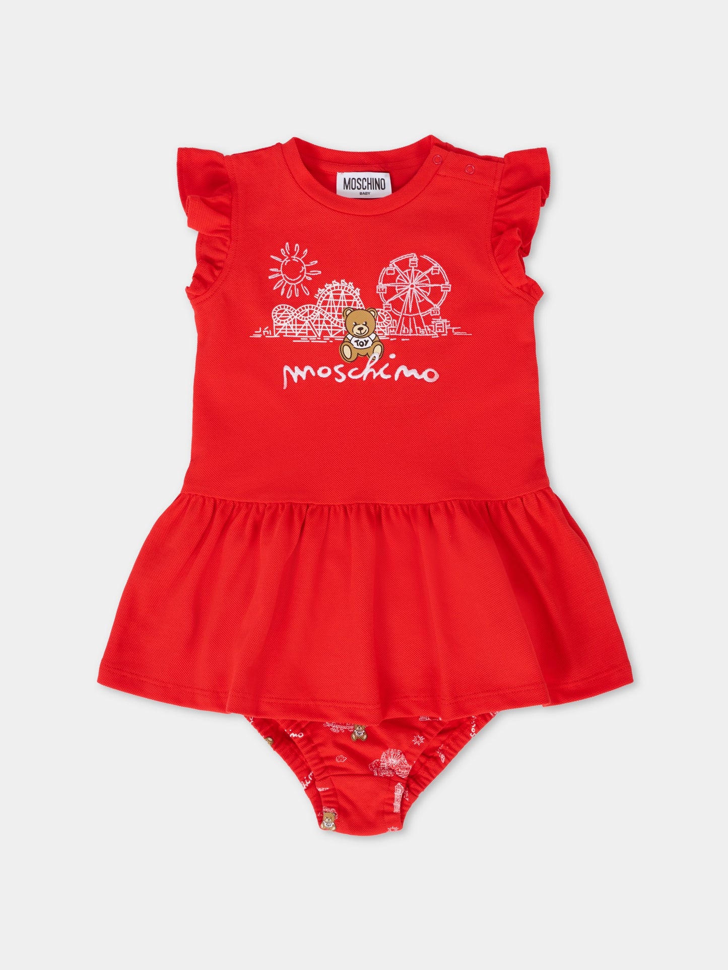 Vestito rosso per neonata con Teddy Bear,Moschino Kids,MDV0C4 LFA06 50109