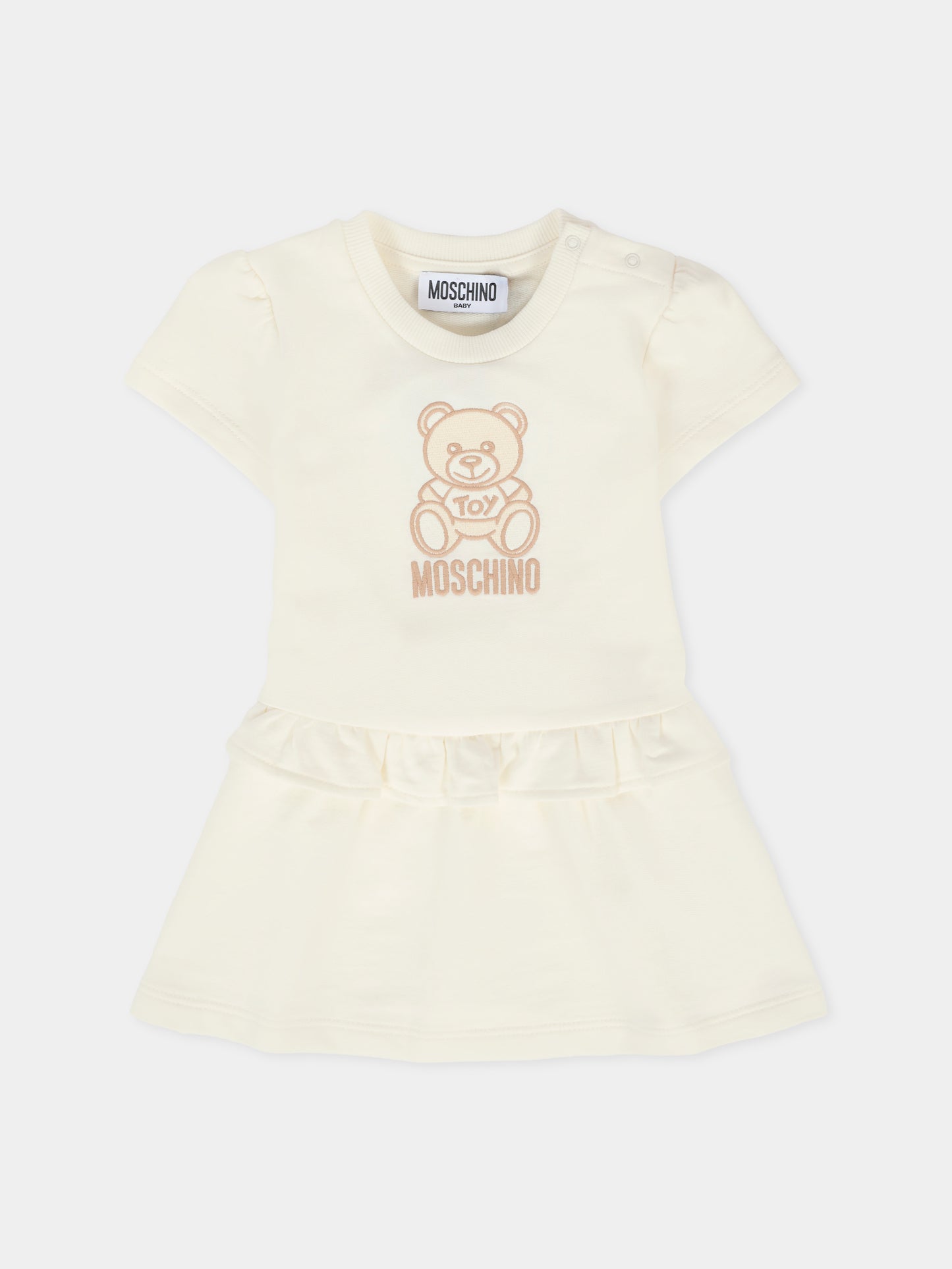 Vestito avorio per neonata con Teddy Bear ricamato,Moschino Kids,MDV0CF LCA19 10063