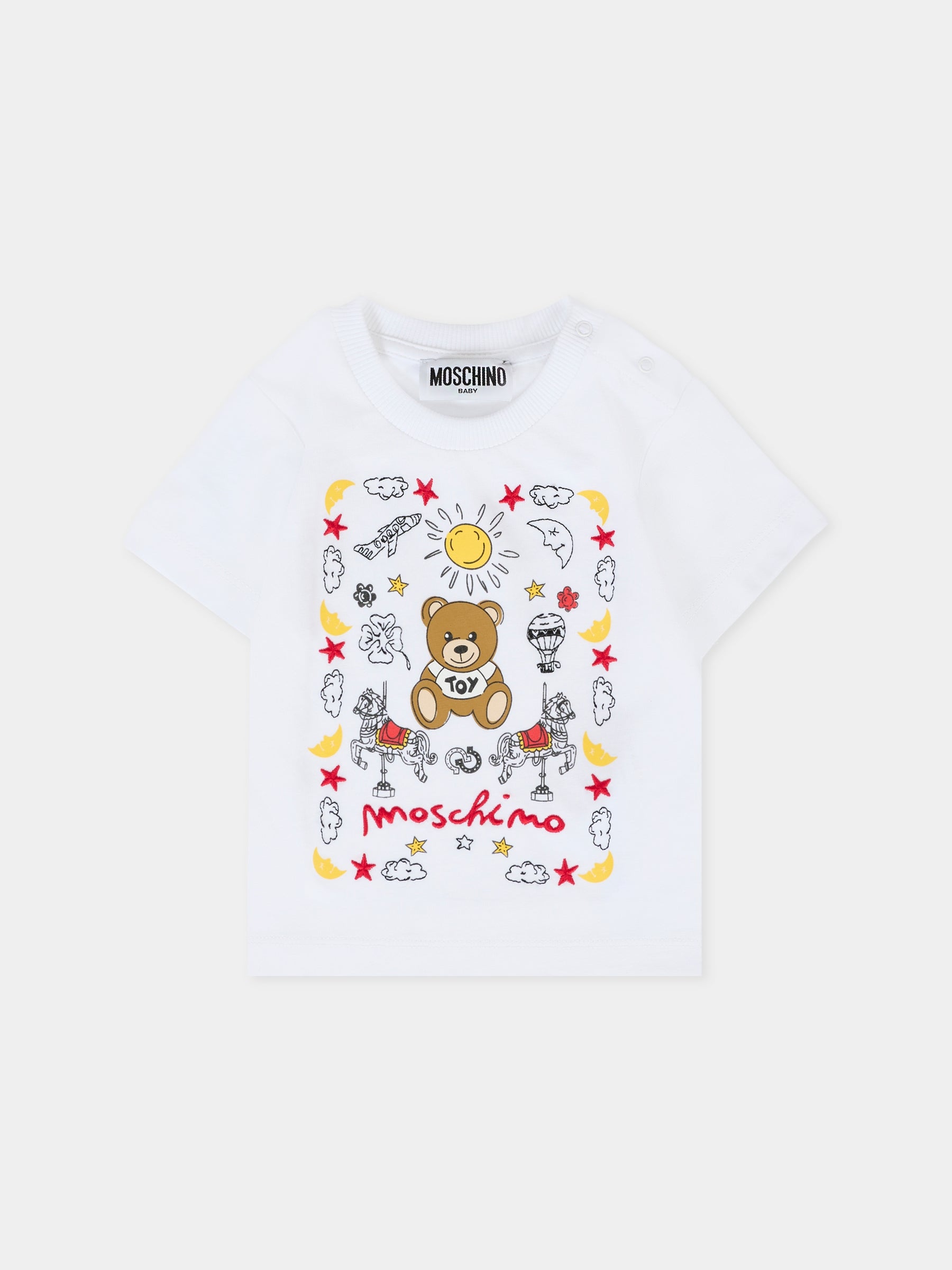 T-shirt bianca per neonato con Teddy Bear e logo,Moschino Kids,MMM047 LAA23 10101
