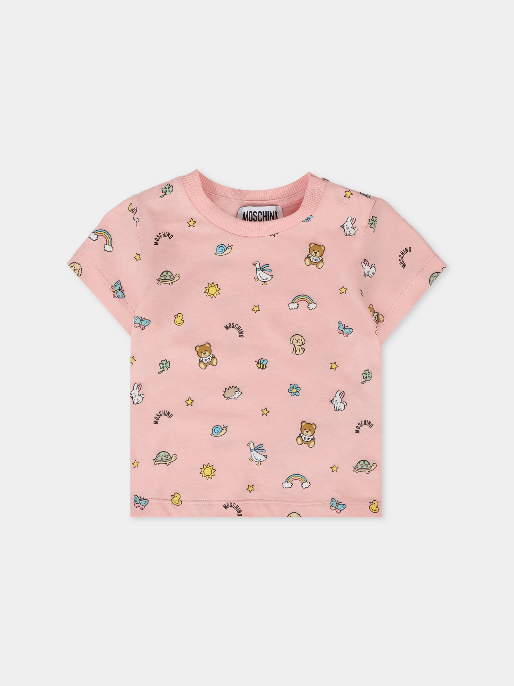 T-shirt rosa per neonata con Teddy Bear e disegni,Moschino Kids,MOM047 LABA6 83650