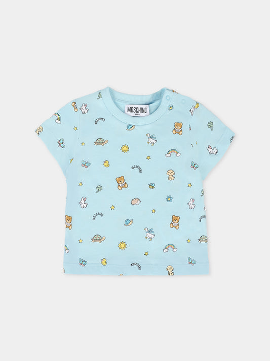 T-shirt celeste per neonato con Teddy Bear e disegni,Moschino Kids,MOM047 LABA6 83651