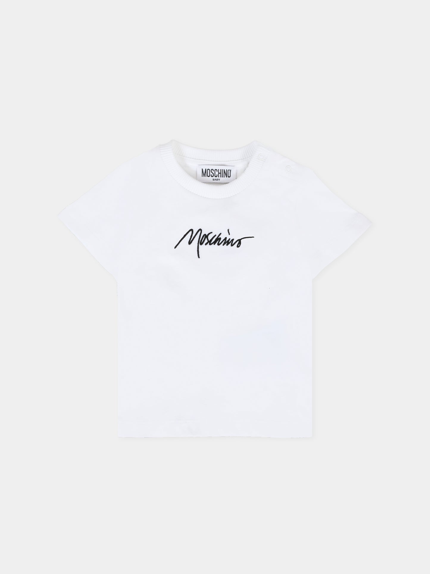 T-shirt bianca per neonata con logo ricamato,Moschino Kids,MQM047 LAA01 10101