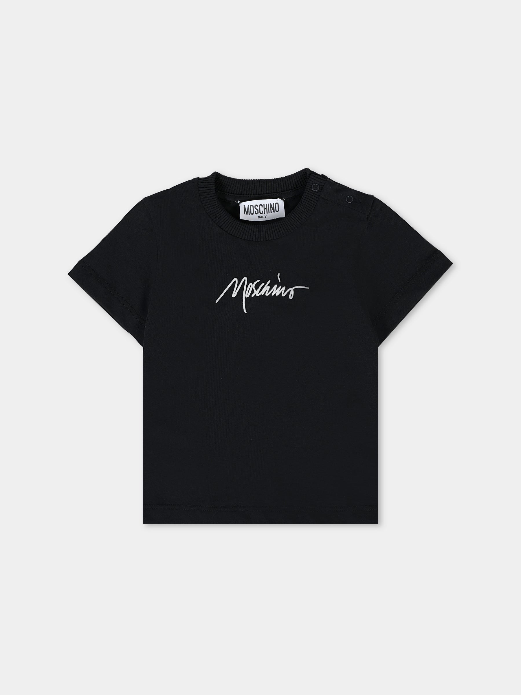 T-shirt nera per neonata con logo ricamato,Moschino Kids,MQM047 LAA01 60100