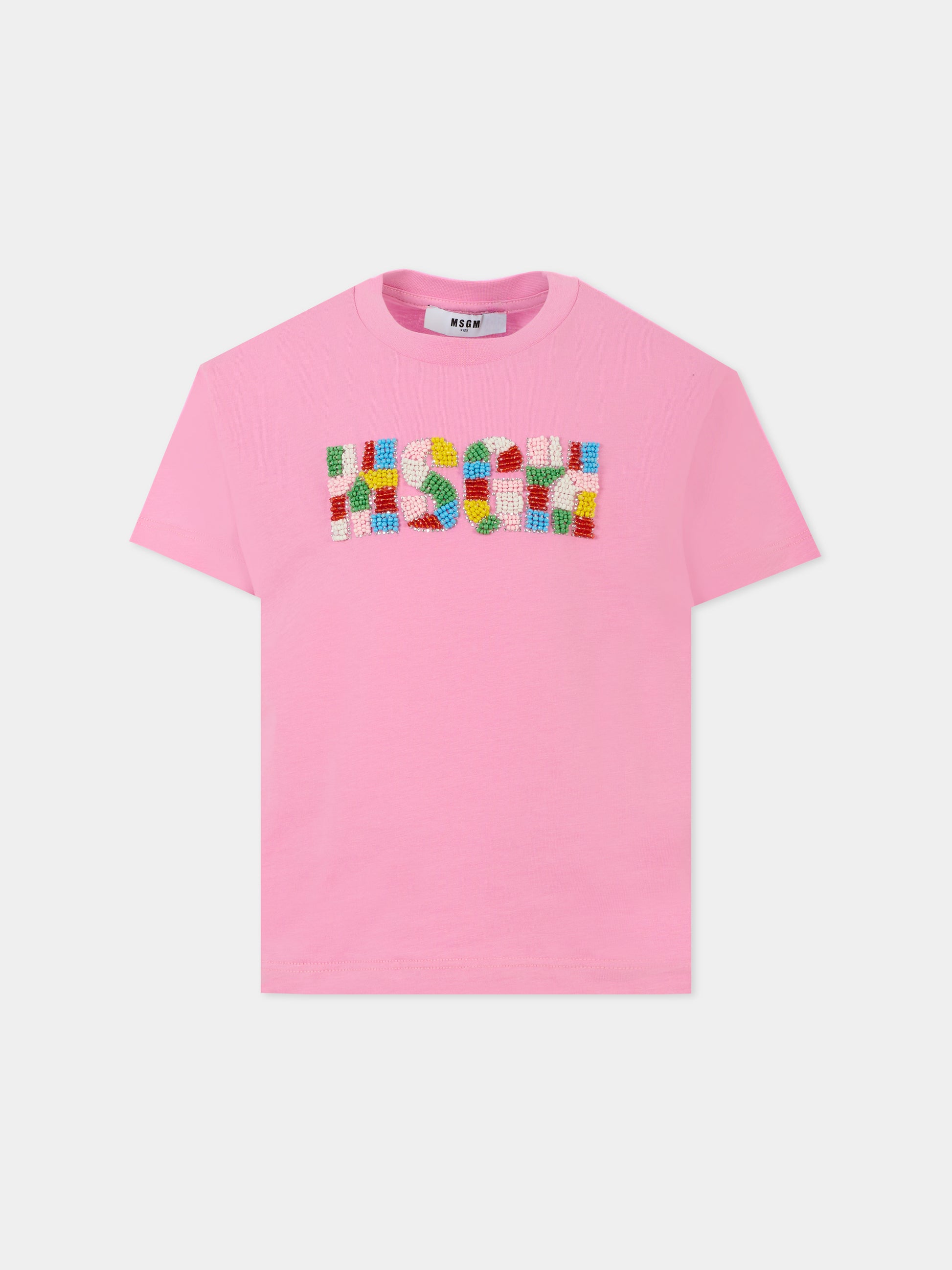 T-shirt rosa per bambina con logo e perline,Msgm Kids,S5MSJGTH251 MS003