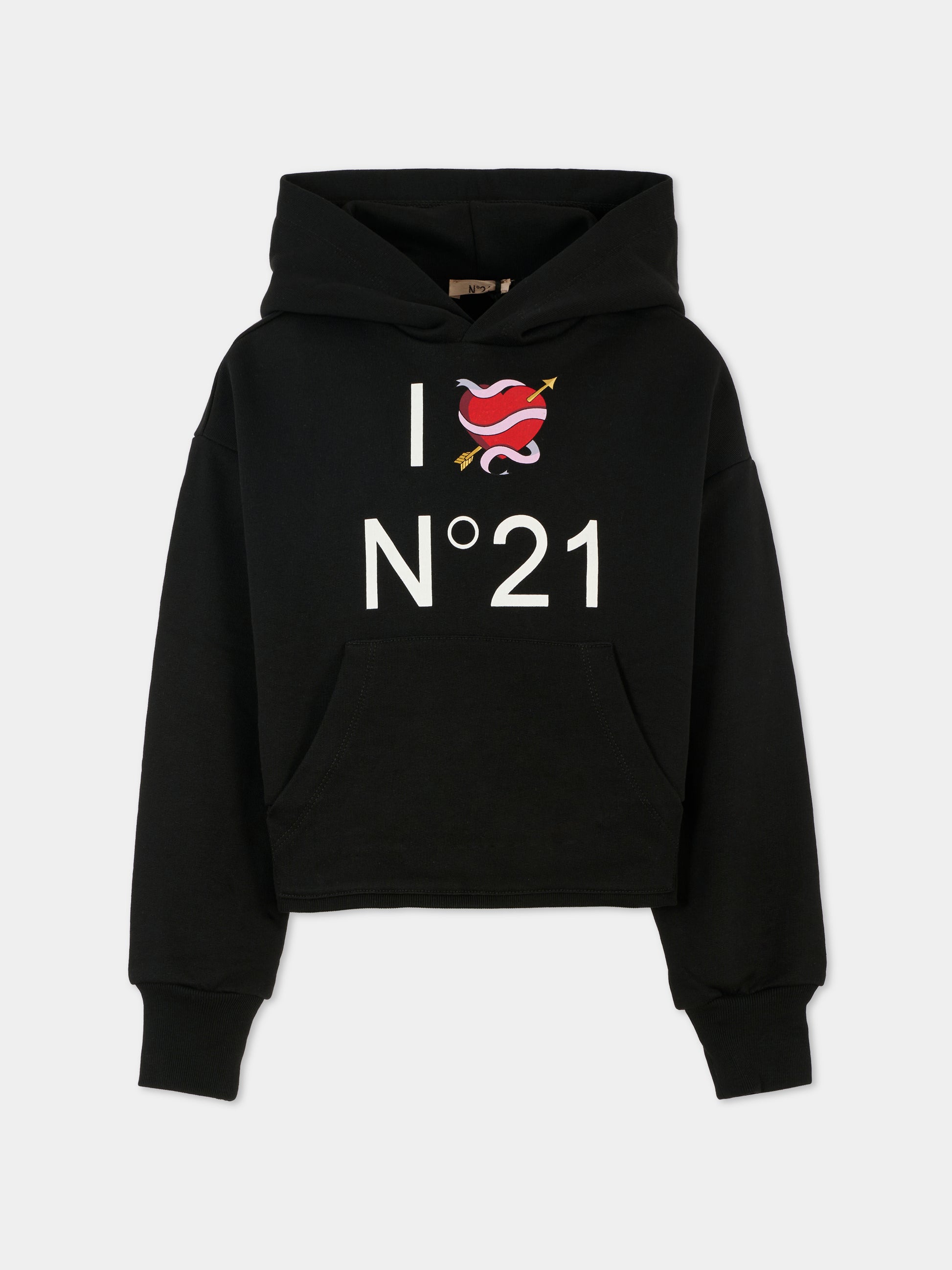 Felpa nera per bambina con cuore e logo,N°21 Kids,N2101S N0154 0N900