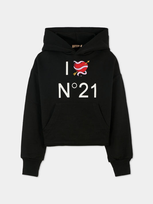 Felpa nera per bambina con cuore e logo,N°21 Kids,N2101S N0154 0N900