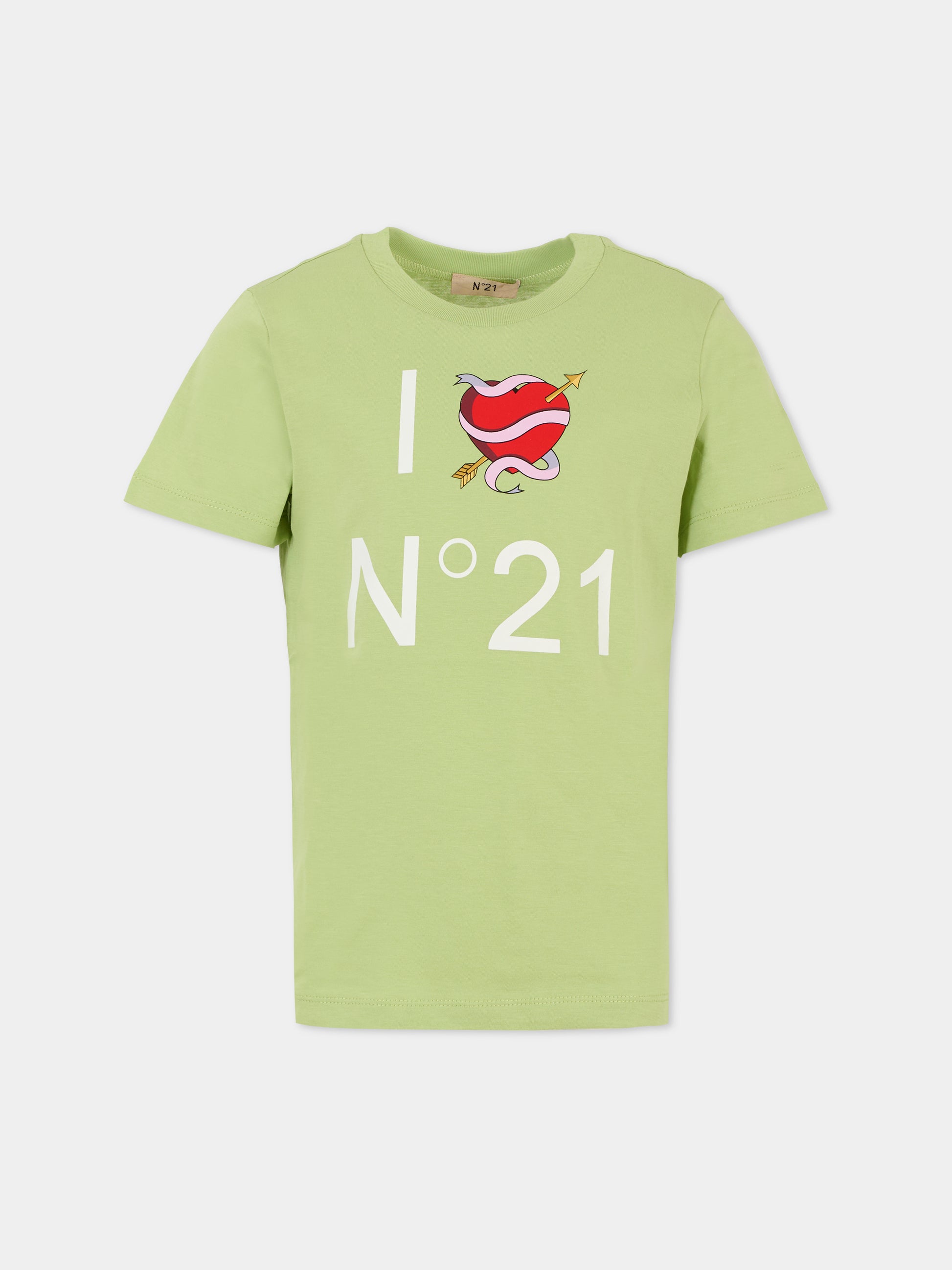 T-shirt verde per bambina con cuore e logo,N°21 Kids,N2102C N0153 0N513