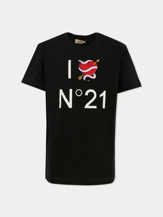 T-shirt nera per bambina con cuore e logo,N°21 Kids,N2102C N0153 0N900