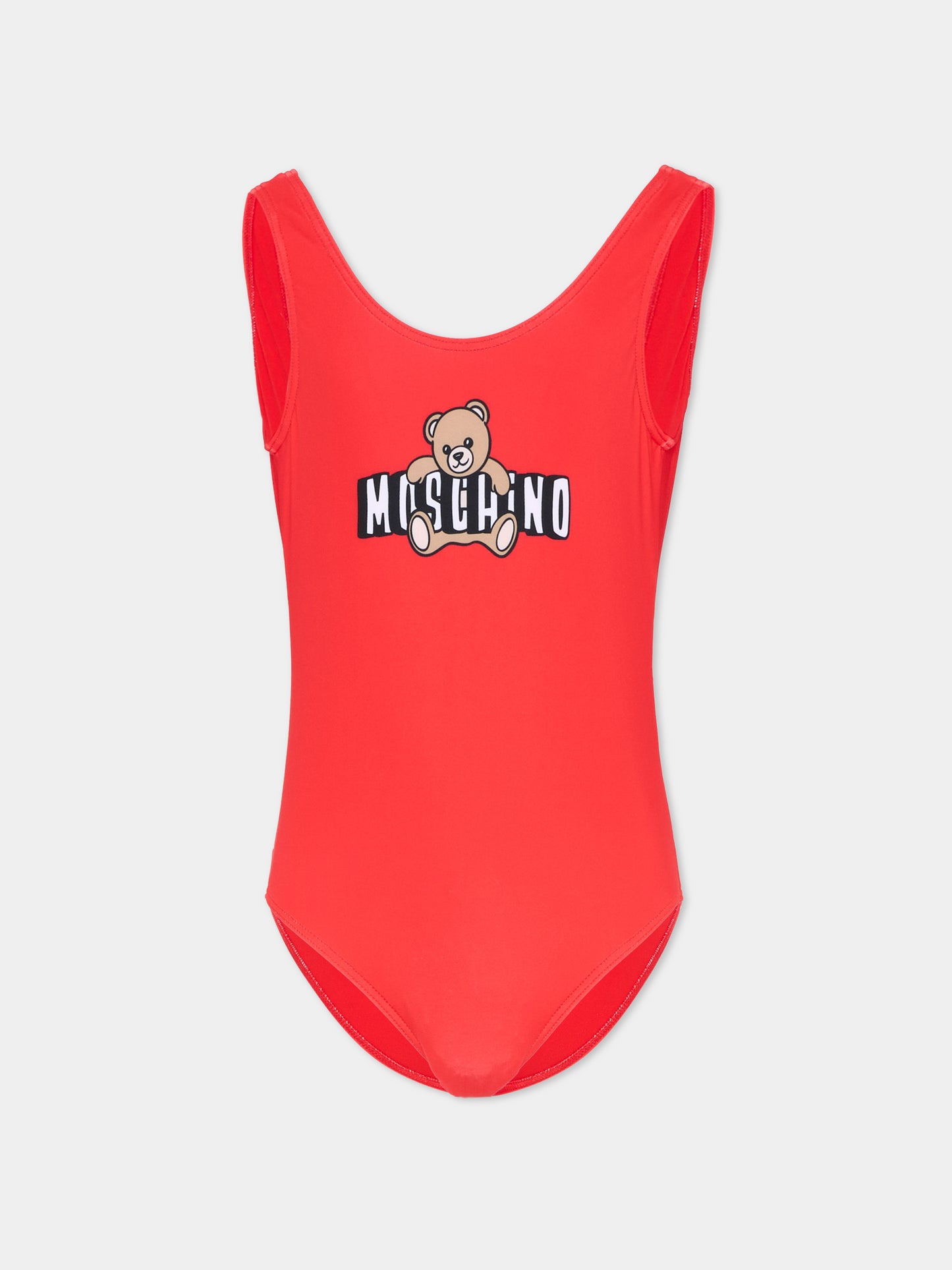 Costume intero rosso per bambina logo teddy,Moschino Kids,H2L00B LKA11 50109