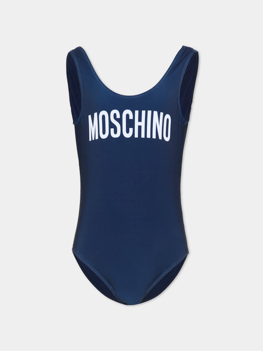 Costume intero blu per bambina con logo,Moschino Kids,HDL016 LKA11 40016