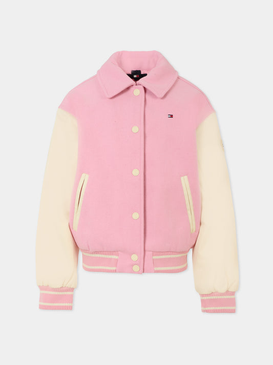 Bomber rosa per bambina con bandierina e logo,Tommy Hilfiger Junior,KG0KG08316 TPF