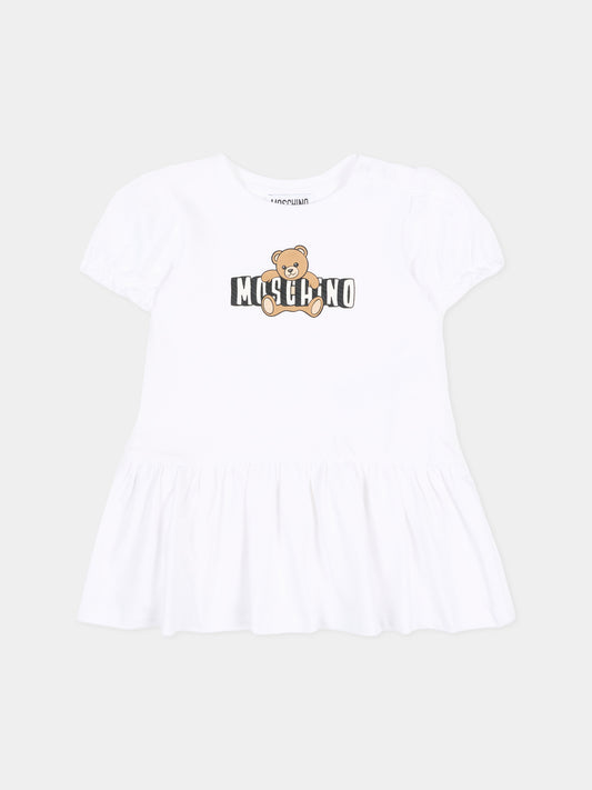 Vestito bianco per neonata con logo e Teddy Bear,Moschino Kids,MAV0C7 LBA00 10101