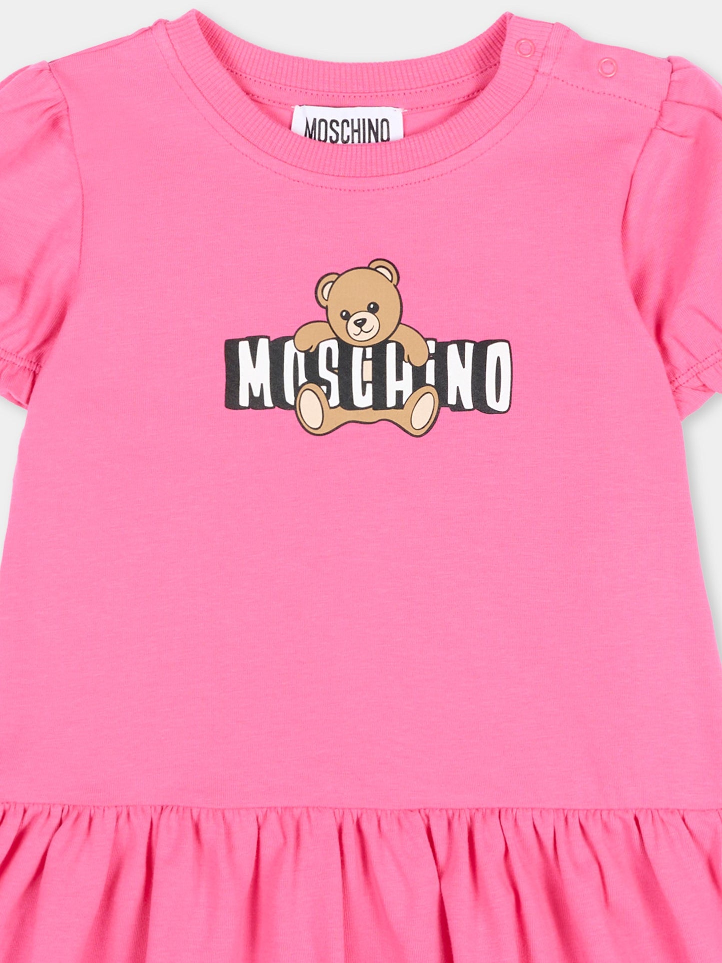 Vestito fucsia per neonata con logo e Teddy Bear,Moschino Kids,MAV0C7 LBA00 50533