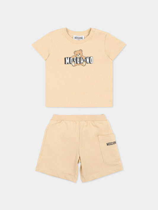 Completo sportivo beige per neonati logo,Moschino Kids,MUG01U LCA19 20829