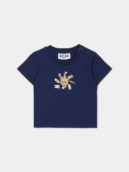 T-shirt blu per neonati con Teddy Bear,Moschino Kids,MXM047 LAA02 40016
