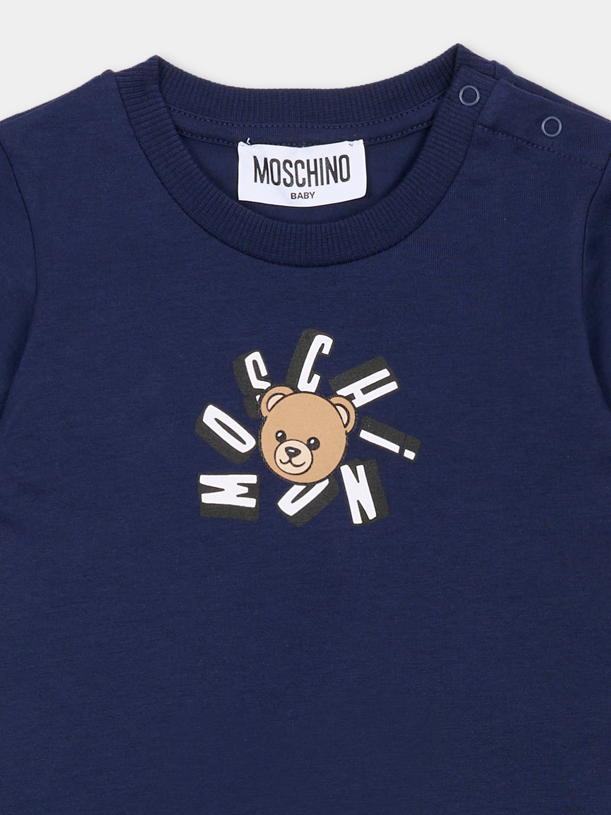 T-shirt blu per neonati con Teddy Bear,Moschino Kids,MXM047 LAA02 40016