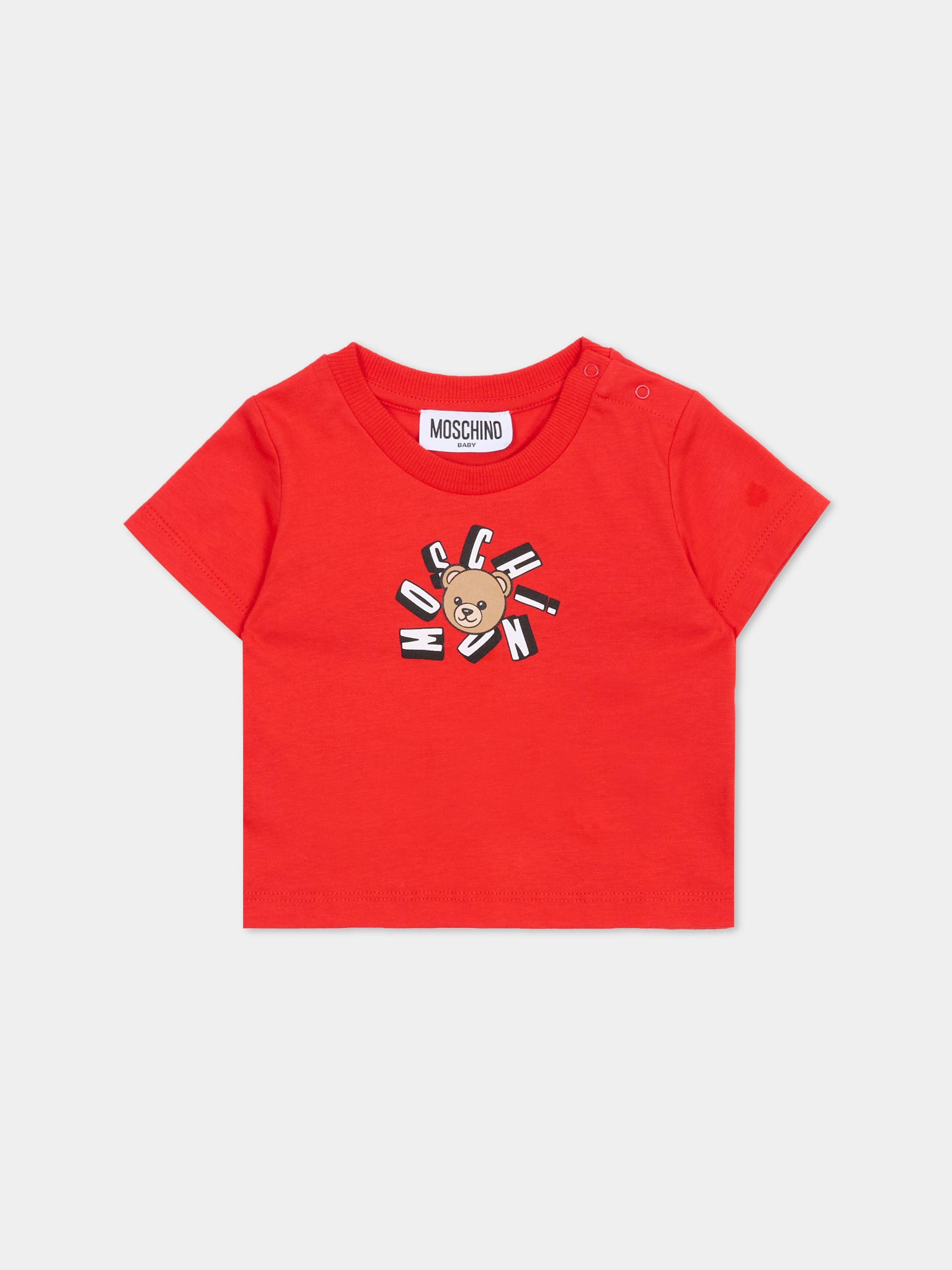 T-shirt rouge per neonati con Teddy Bear,Moschino Kids,MXM047 LAA02 50109