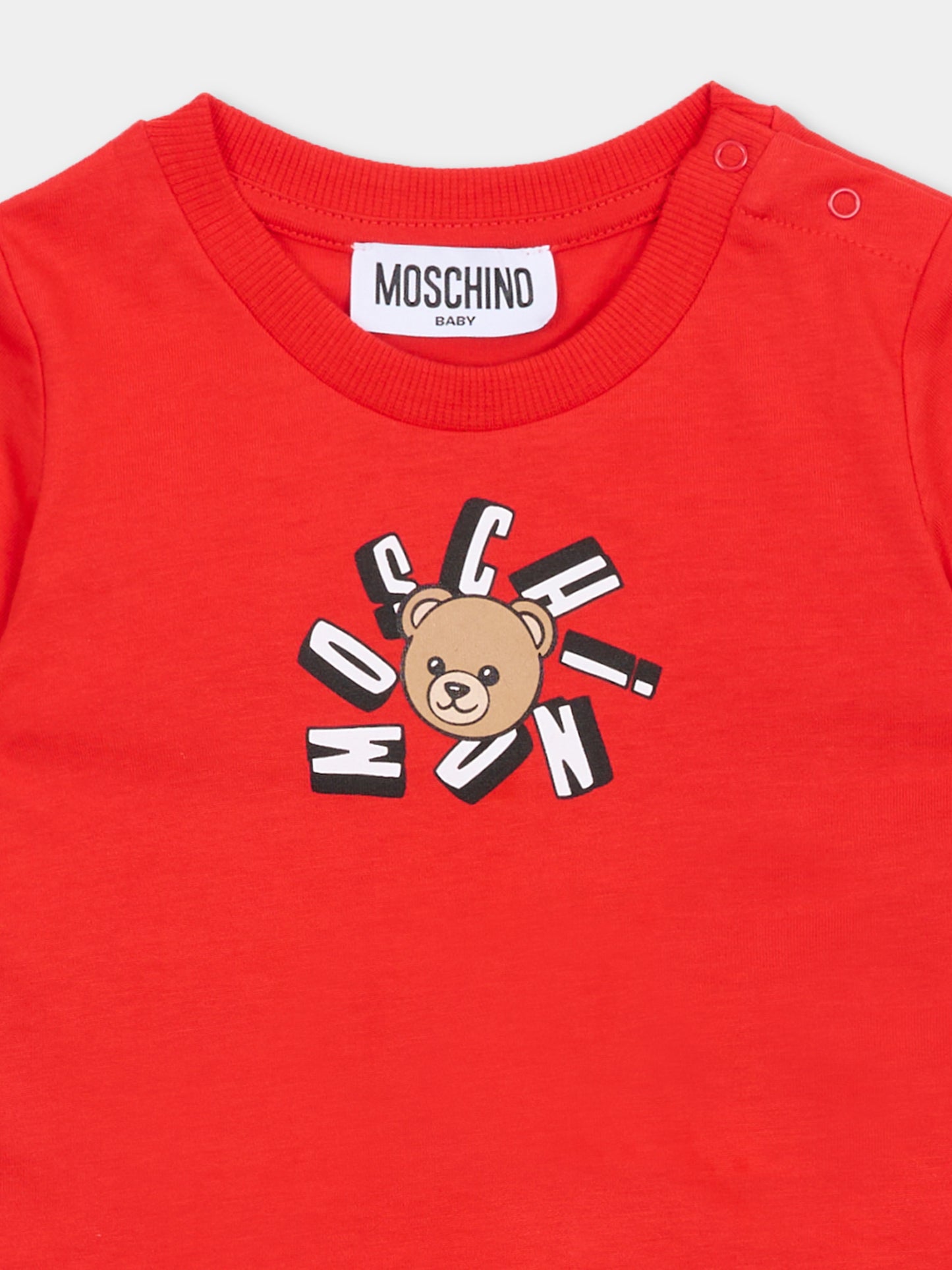 T-shirt rouge per neonati con Teddy Bear,Moschino Kids,MXM047 LAA02 50109